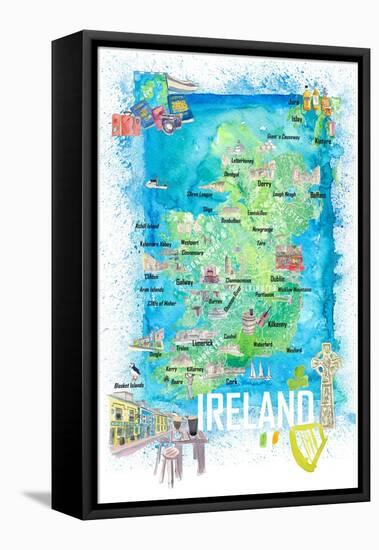 Ireland Illustrated Travel Map with Roads and Highlights-M. Bleichner-Framed Stretched Canvas