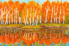 Hand Painted Picture, Watercolours - Autumn Landscape,Red Birch Forest with Reflection in Water And-Irina Afonskaya-Framed Stretched Canvas