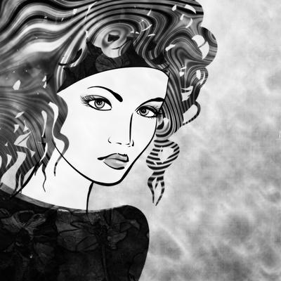 Art Sketched Beautiful Girl Face With Curly Hairs In Black Graphic On White Background