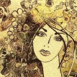 Art Watercolor and Graphic Monochrome Beautiful Girl Face on Autumn Background in Gold, Brown and B-Irina_QQQ-Art Print