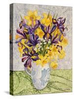 Iris and Daffodils with Patterned Textiles, 2008-Joan Thewsey-Stretched Canvas