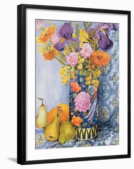 Iris and Pinks in a Japanese Vase with Pears-Joan Thewsey-Framed Giclee Print