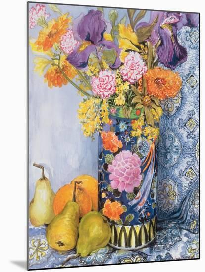 Iris and Pinks in a Japanese Vase with Pears-Joan Thewsey-Mounted Giclee Print