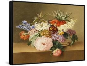 Iris, Lilac, Primulae, Blossom and Peonies in a Basket-Johan Laurentz Jensen-Framed Stretched Canvas