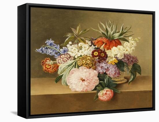 Iris, Lilac, Primulae, Blossom and Peonies in a Basket-Johan Laurentz Jensen-Framed Stretched Canvas