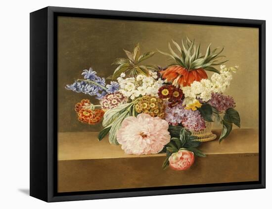 Iris, Lilac, Primulae, Blossom and Peonies in a Basket-Johan Laurentz Jensen-Framed Stretched Canvas