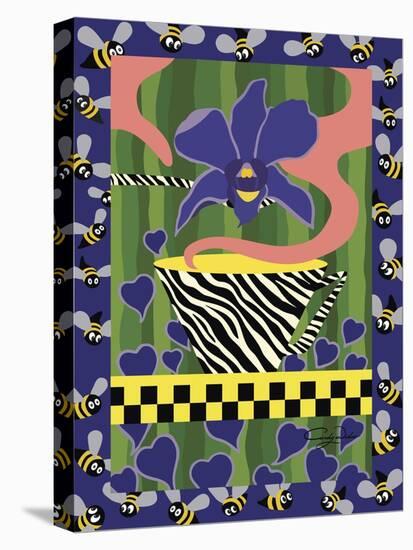 Irises And Buzzy Bees-Cindy Wider-Stretched Canvas