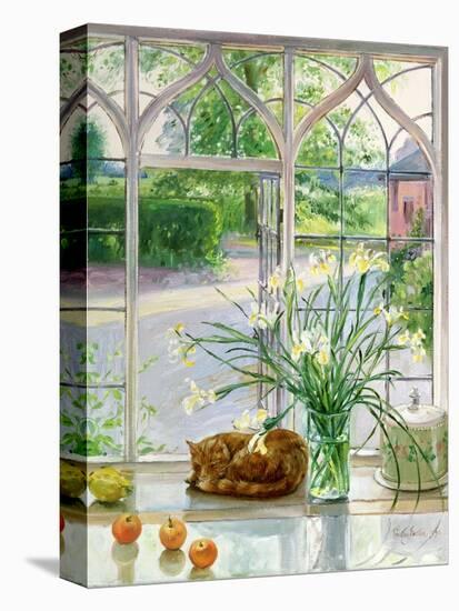 Irises and Sleeping Cat, 1990-Timothy Easton-Stretched Canvas