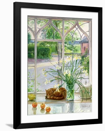 Irises and Sleeping Cat, 1990-Timothy Easton-Framed Giclee Print