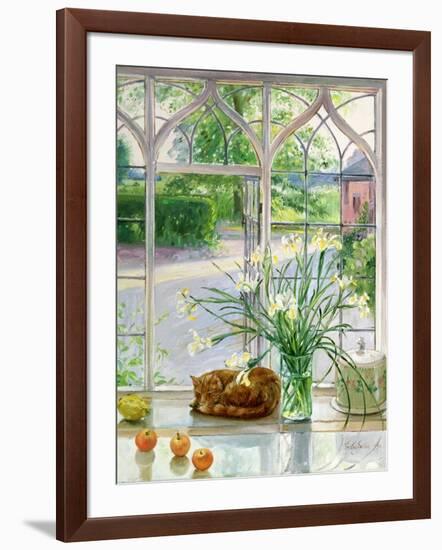 Irises and Sleeping Cat, 1990-Timothy Easton-Framed Giclee Print