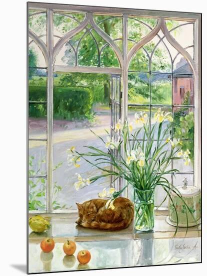 Irises and Sleeping Cat, 1990-Timothy Easton-Mounted Giclee Print