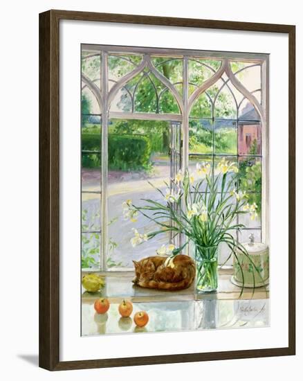 Irises and Sleeping Cat, 1990-Timothy Easton-Framed Giclee Print