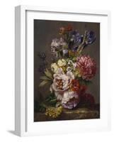 Irises, Peonies and Other Flowers in a Vase on a Ledge-Lodewijk Johannes Nooijen-Framed Giclee Print