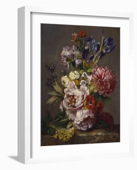 Irises, Peonies and Other Flowers in a Vase on a Ledge-Lodewijk Johannes Nooijen-Framed Giclee Print