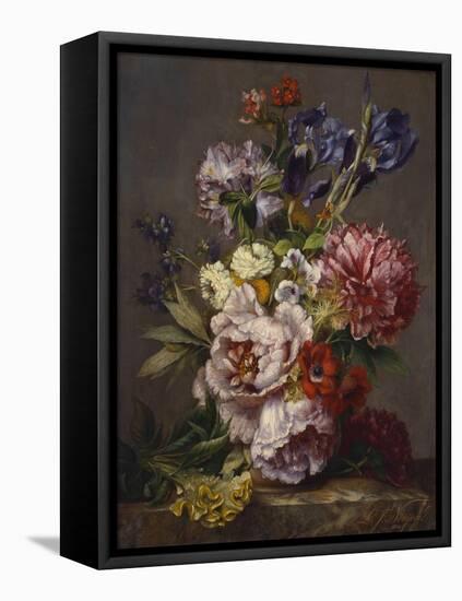 Irises, Peonies and Other Flowers in a Vase on a Ledge-Lodewijk Johannes Nooijen-Framed Stretched Canvas