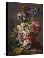 Irises, Peonies and Other Flowers in a Vase on a Ledge-Lodewijk Johannes Nooijen-Stretched Canvas
