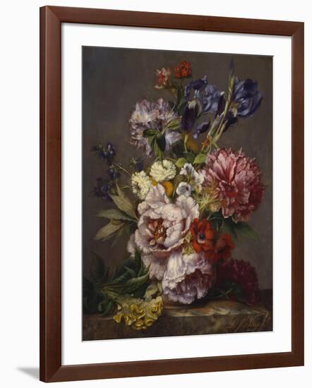 Irises, Peonies and Other Flowers in a Vase on a Ledge-Lodewijk Johannes Nooijen-Framed Giclee Print