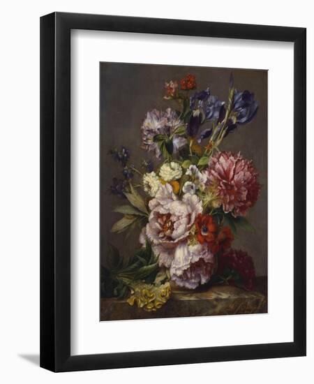 Irises, Peonies and Other Flowers in a Vase on a Ledge-Lodewijk Johannes Nooijen-Framed Premium Giclee Print