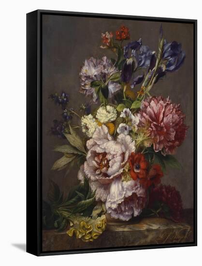 Irises, Peonies and Other Flowers in a Vase on a Ledge-Lodewijk Johannes Nooijen-Framed Stretched Canvas