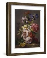 Irises, Peonies and Other Flowers in a Vase on a Ledge-Lodewijk Johannes Nooijen-Framed Giclee Print