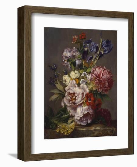 Irises, Peonies and Other Flowers in a Vase on a Ledge-Lodewijk Johannes Nooijen-Framed Giclee Print