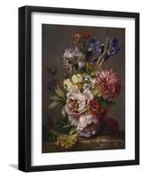 Irises, Peonies and Other Flowers in a Vase on a Ledge-Lodewijk Johannes Nooijen-Framed Giclee Print