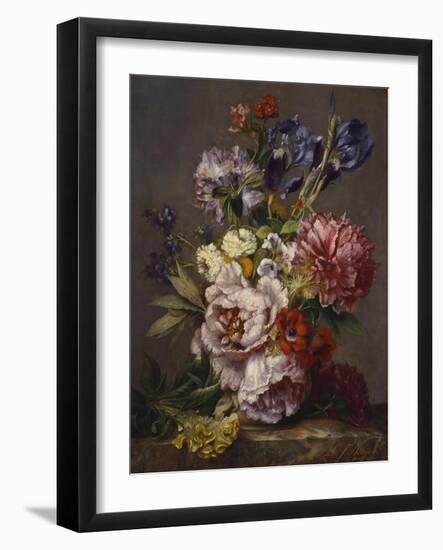 Irises, Peonies and Other Flowers in a Vase on a Ledge-Lodewijk Johannes Nooijen-Framed Giclee Print