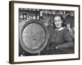 Irish Barmaid at Airport Bar with Keg of Guinness Beer-Nat Farbman-Framed Premium Photographic Print