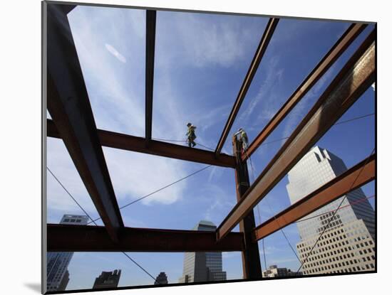 Ironworker Walks a Beam Above the 24th Floor of One World Trade Center in New York-null-Mounted Photographic Print