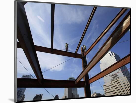 Ironworker Walks a Beam Above the 24th Floor of One World Trade Center in New York-null-Mounted Photographic Print