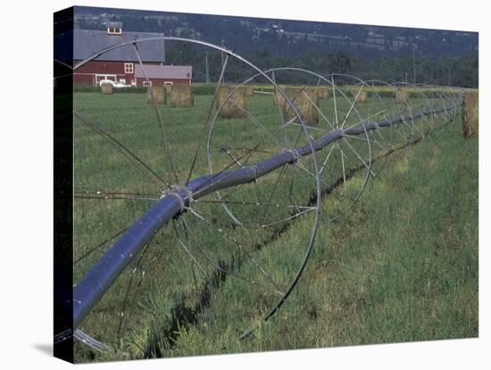 Irrigation Equipment in Hay Field with Bales and Red Barn, Bitteroot Valley, Montana, USA-Jamie & Judy Wild-Stretched Canvas