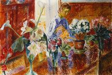 An Interior with a Woman Watering Plants, (Oil on Canvas)-Isaac Grunwald-Framed Giclee Print