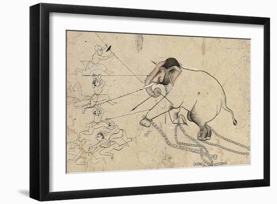 Isarda or Kotah Preparatory Drawing of the Taming of an Elephant, C.1720-null-Framed Giclee Print