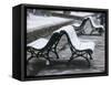 Isere Grenoble, Place Victor Hugo, Snow on Benches-Walter Bibikow-Framed Stretched Canvas