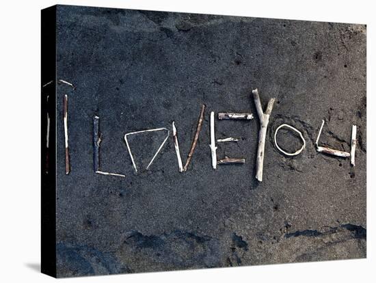 Island of Hawaii, Hawaii: a Message in the Sand in Waipio Valley's Black Sand Beach.-Ian Shive-Stretched Canvas