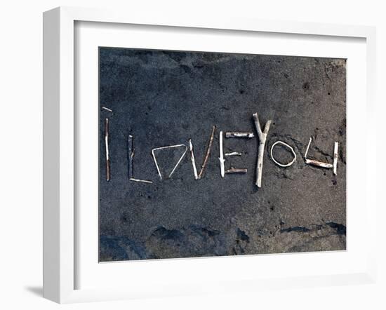 Island of Hawaii, Hawaii: a Message in the Sand in Waipio Valley's Black Sand Beach.-Ian Shive-Framed Photographic Print