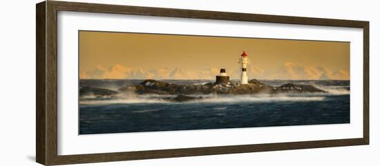 Island with lighthouse in sea at sunset, Vaeroya, Lofoten, Norway-Panoramic Images-Framed Photographic Print