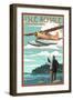 Isle Royale National Park, Michigan - Float Plane & Fisherman - Lantern Press Artwork-Lantern Press-Framed Art Print