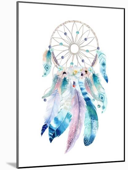 Isolated Watercolor Decoration Bohemian Dreamcatcher. Boho Feathers Decoration. Native Dream Chic D-krisArt-Mounted Art Print