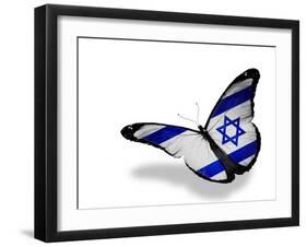 Israeli Flag Butterfly Flying, Isolated On White Background-suns_luck-Framed Art Print