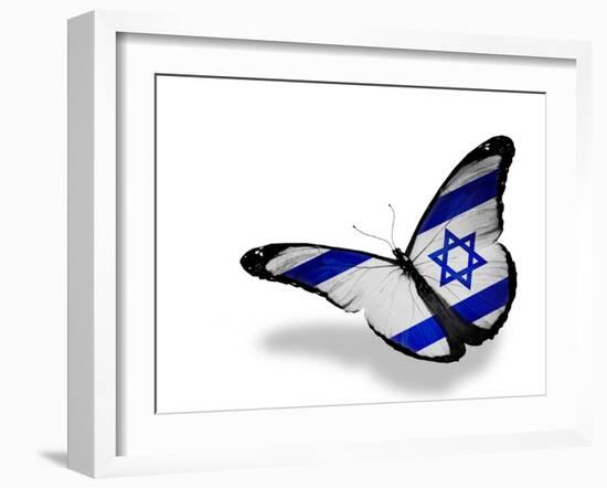 Israeli Flag Butterfly Flying, Isolated On White Background-suns_luck-Framed Art Print