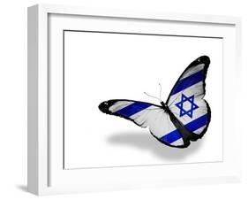 Israeli Flag Butterfly Flying, Isolated On White Background-suns_luck-Framed Art Print