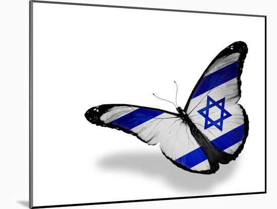 Israeli Flag Butterfly Flying, Isolated On White Background-suns_luck-Mounted Art Print