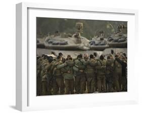 Israeli Soldiers Chant Slogans after a Briefing before Entering Gaza on a Combat Mission-null-Framed Photographic Print