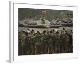 Israeli Soldiers Chant Slogans after a Briefing before Entering Gaza on a Combat Mission-null-Framed Photographic Print