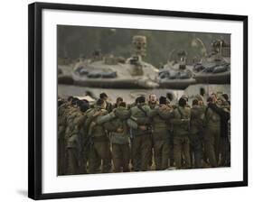 Israeli Soldiers Chant Slogans after a Briefing before Entering Gaza on a Combat Mission-null-Framed Photographic Print