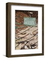 Issaquah, Washington State, USA. Garden sign and burlap bags covering dormant vegetable garden.-Janet Horton-Framed Photographic Print