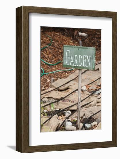 Issaquah, Washington State, USA. Garden sign and burlap bags covering dormant vegetable garden.-Janet Horton-Framed Photographic Print