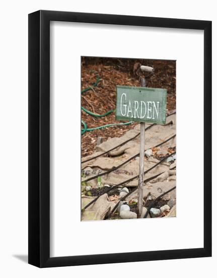 Issaquah, Washington State, USA. Garden sign and burlap bags covering dormant vegetable garden.-Janet Horton-Framed Photographic Print