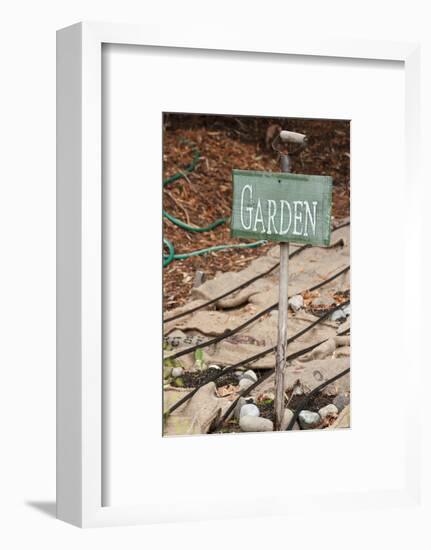 Issaquah, Washington State, USA. Garden sign and burlap bags covering dormant vegetable garden.-Janet Horton-Framed Photographic Print